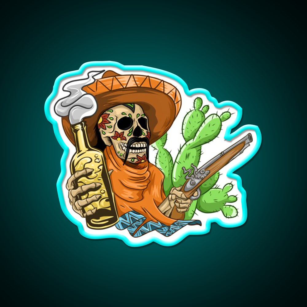 Mexican Skull Holding Sombrero Gun And Beer Bar Decor Led Neon Sign Rgb Color - Size and dimension reference