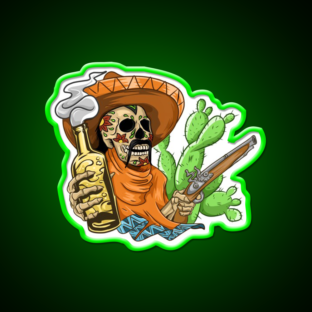 Mexican Skull Holding Sombrero Gun And Beer Bar Decor Led Neon Sign Rgb Color - LED neon sign view 8