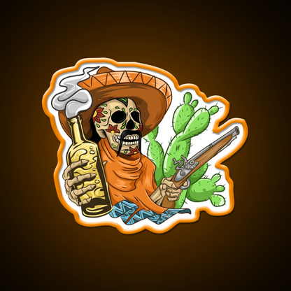 Mexican Skull Holding Sombrero Gun And Beer Bar Decor Led Neon Sign Rgb Color