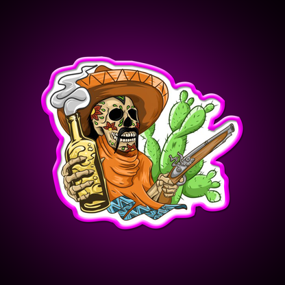 Mexican Skull Holding Sombrero Gun And Beer Bar Decor Led Neon Sign Rgb Color - Neon sign mounted on wall in room