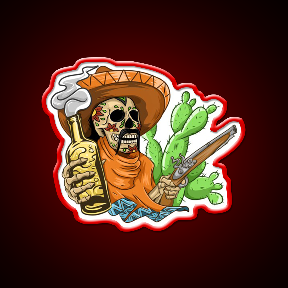 Mexican Skull Holding Sombrero Gun And Beer Bar Decor Led Neon Sign Rgb Color - LED neon sign view 10