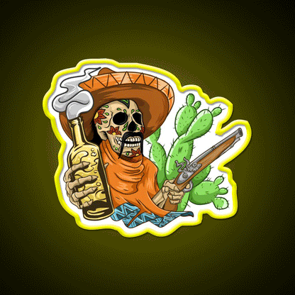 Mexican Skull Holding Sombrero Gun And Beer Bar Decor Led Neon Sign Rgb Color - Custom LED neon sign front view