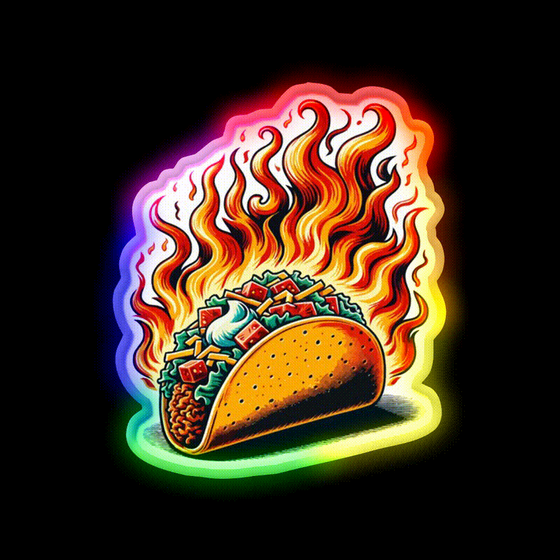 Mexican Taco On Fire Snack Food Led Neon Sign Rgb Color - LED neon sign close-up detail