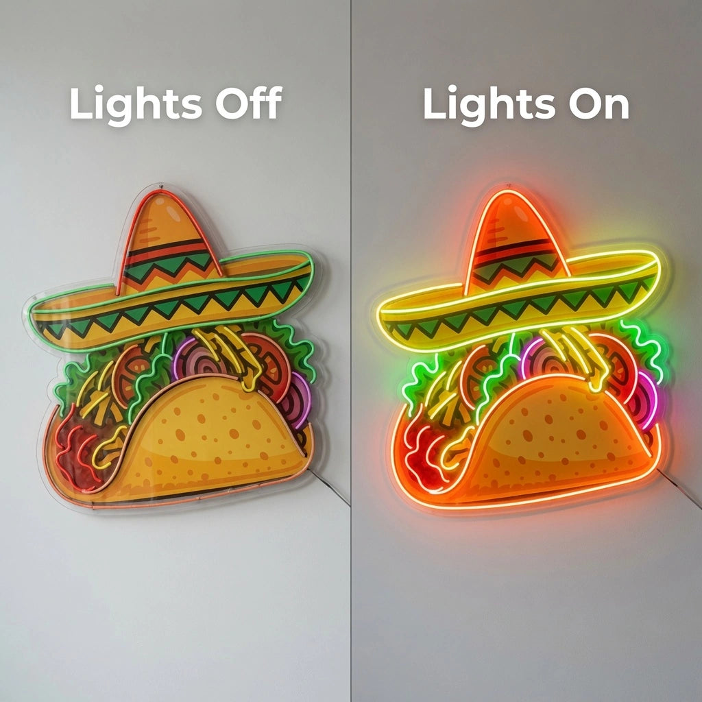 Mexico Tacos Wall Decor LED Neon Sign - 06 Day Night Comparison