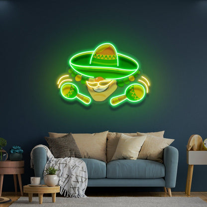 Mexico Themed Green-Yellow Cartoon Sombrero Maracas Uv Printed Led Neon Sign Artwork | Shineneon
