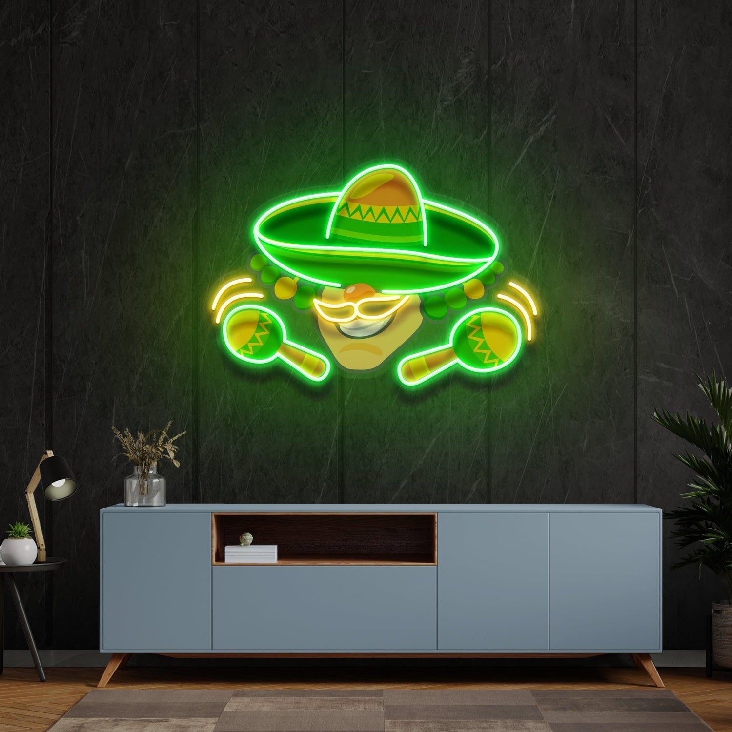 Mexico Themed Green-Yellow Cartoon Sombrero Maracas Uv Printed Led Neon Sign Artwork | Shineneon