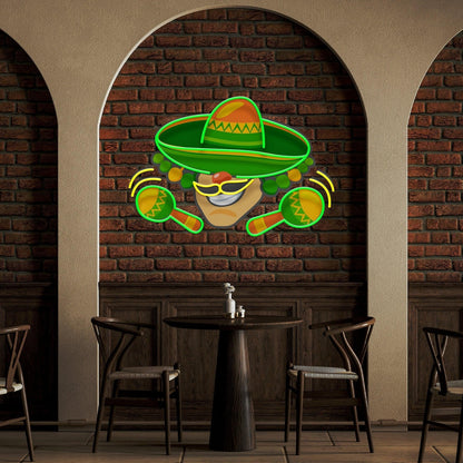 Mexico Themed Green-Yellow Cartoon Sombrero Maracas Uv Printed Led Neon Sign Artwork | Shineneon
