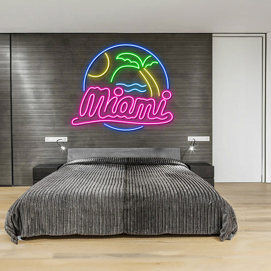 Miami Beach Palm Tree Wave Sun Wall Art Custom Bar Led Neon Sign