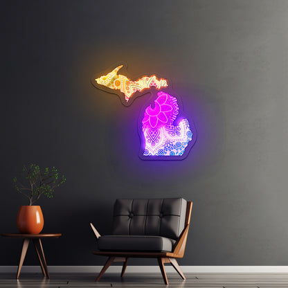 Michigan Mandala Pattern Artwork Funny Neon Signs