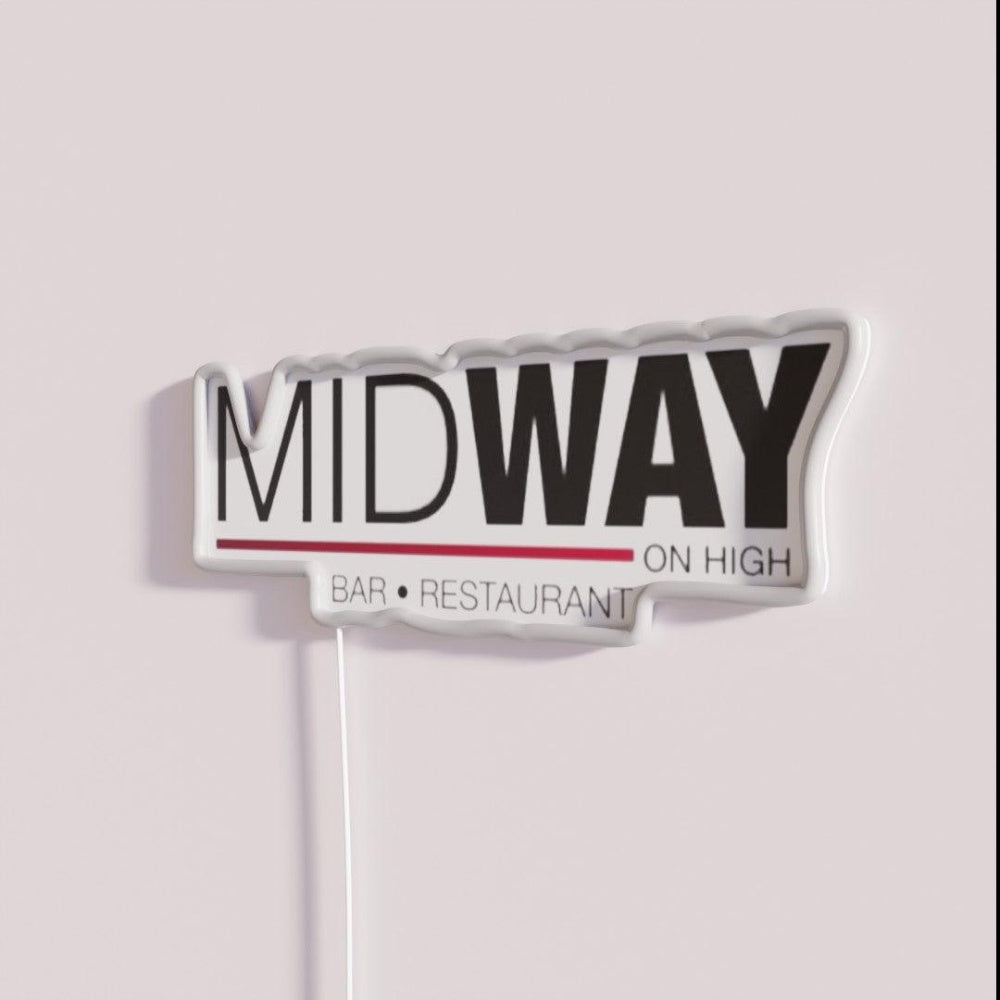 Midway On High Rgb Led Neon Sign - Neon sign mounted on wall in room