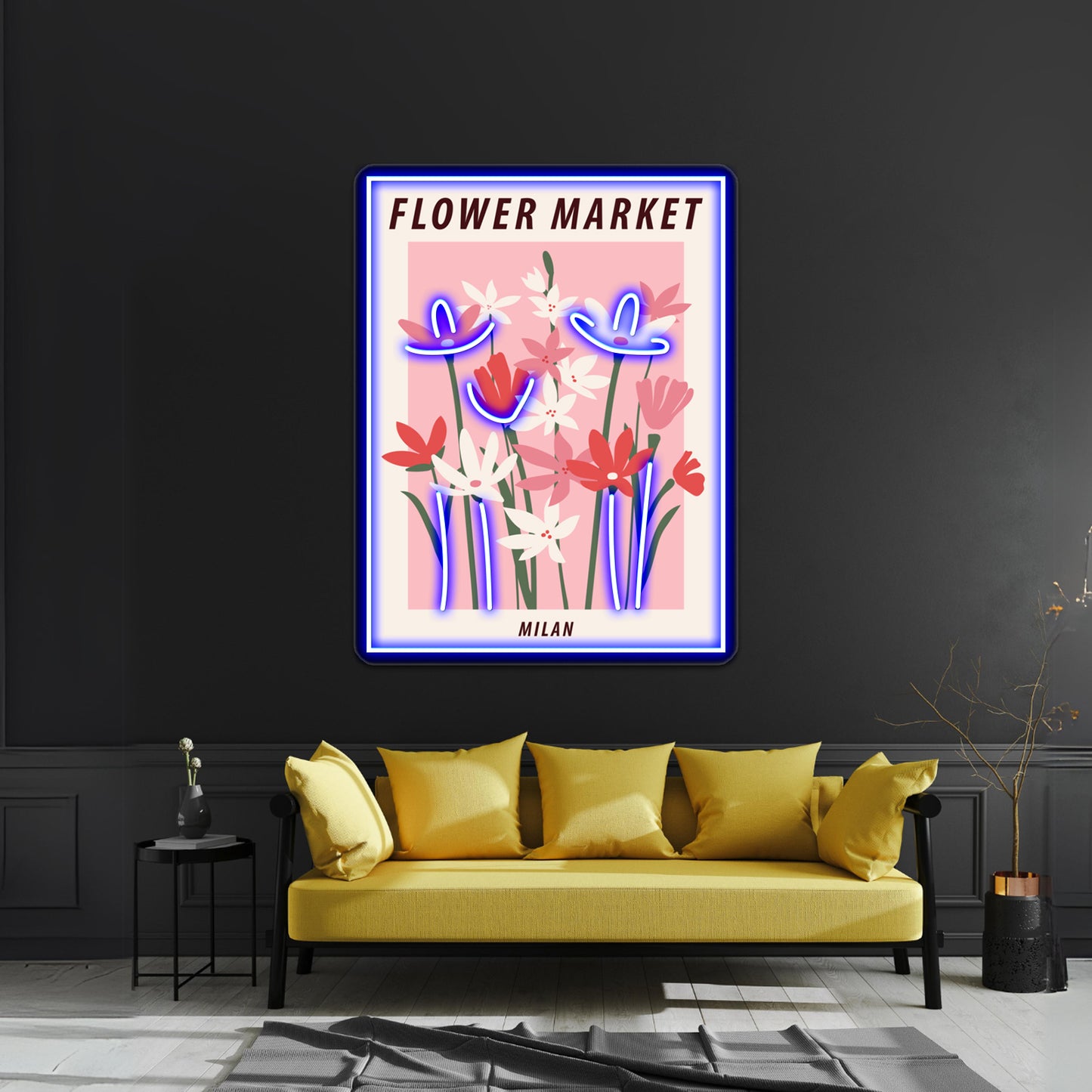 Milan Cute Pink Flowers Art Aesthetic Floral Art Wall Artwork Neon Signs