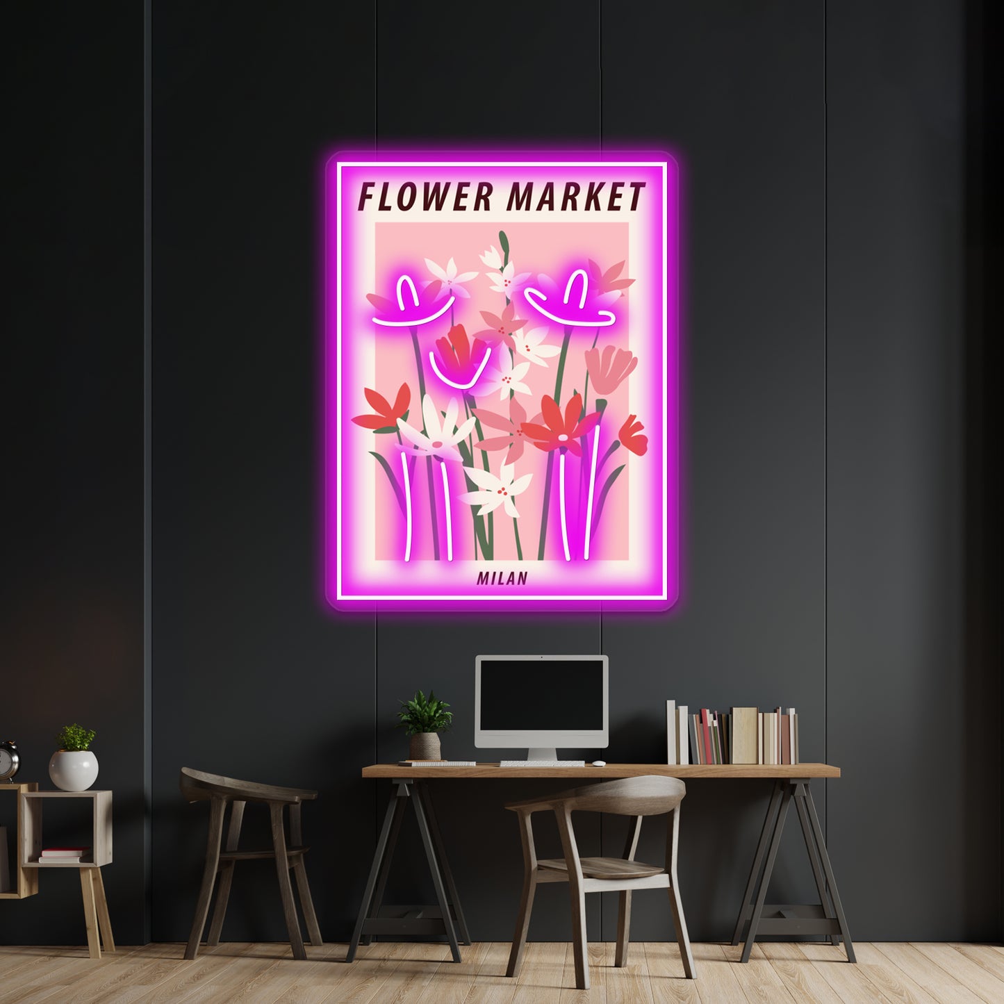 Milan Cute Pink Flowers Art Aesthetic Floral Art Wall Artwork Neon Signs