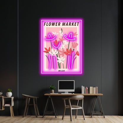 Milan Cute Pink Flowers Art Aesthetic Floral Art Wall Artwork Neon Signs