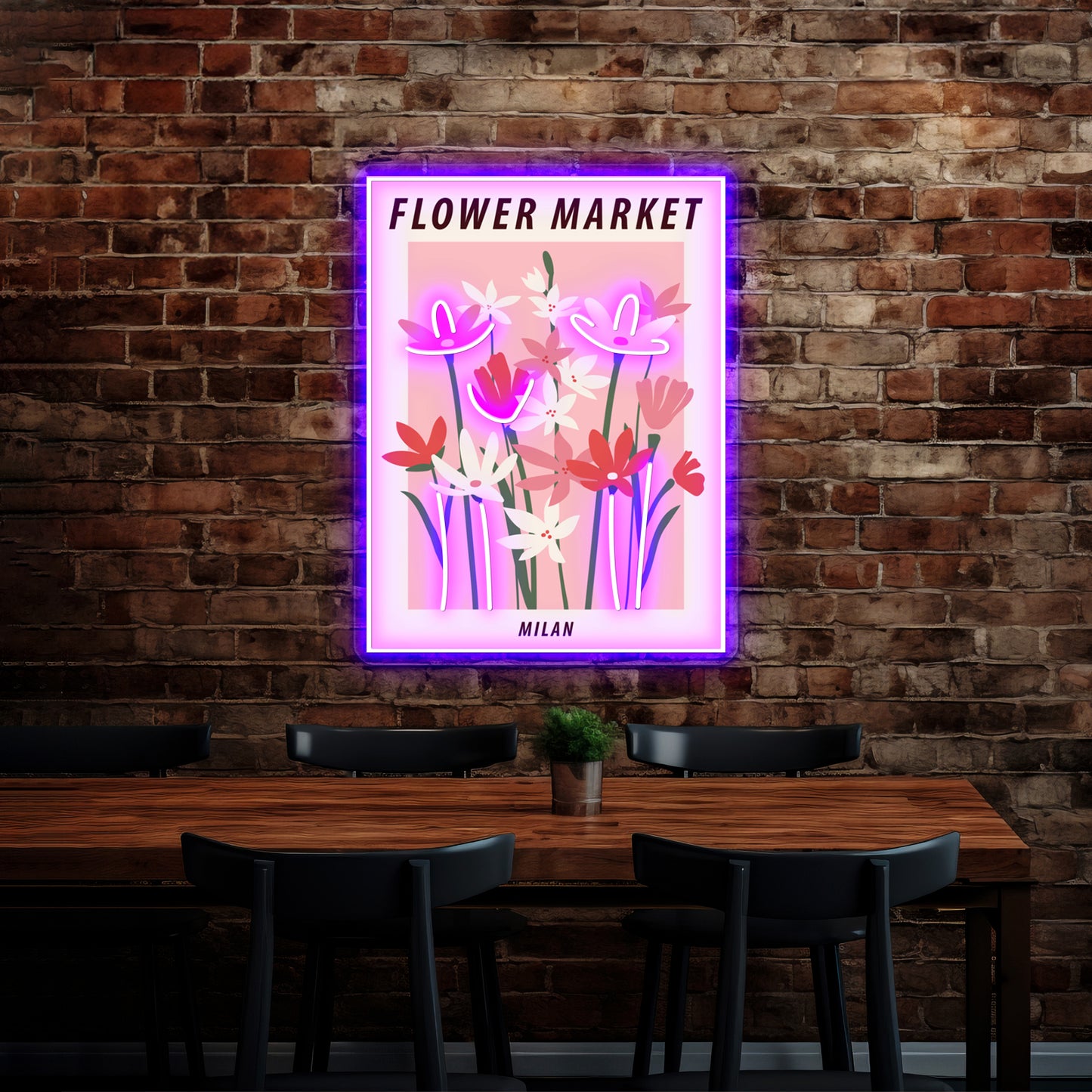 Milan Cute Pink Flowers Art Aesthetic Floral Art Wall Artwork Neon Signs