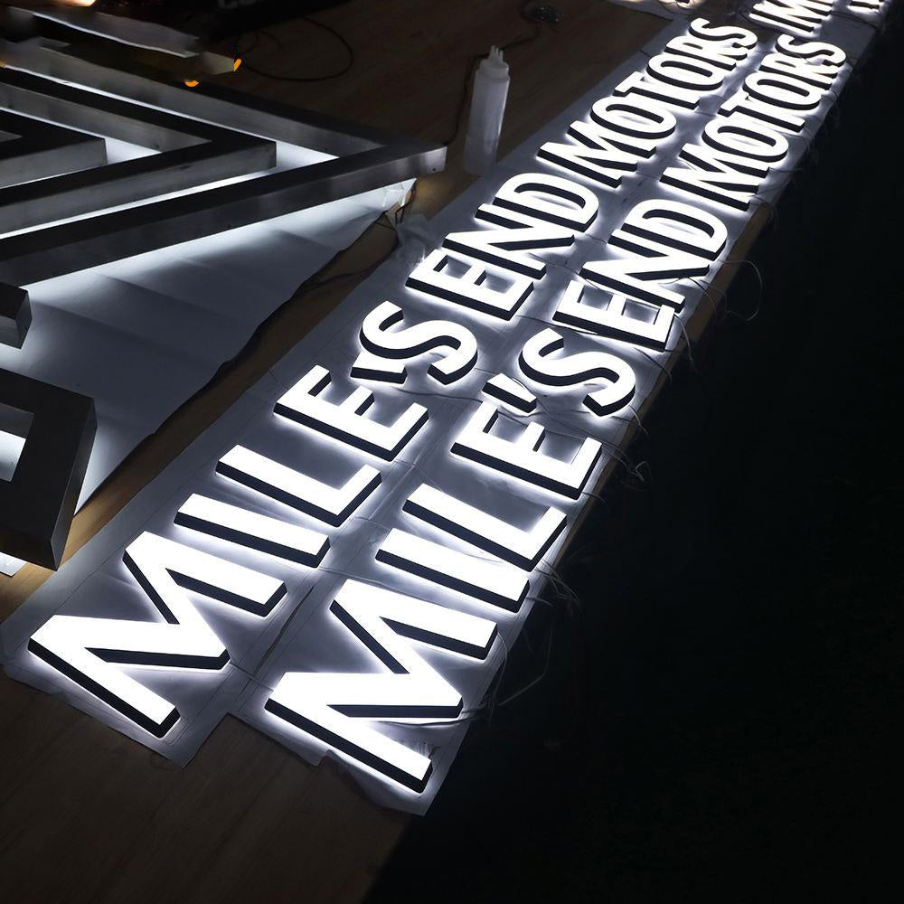 Miles End Motors 3D Front And Back Lit Letters Metal Led Sign