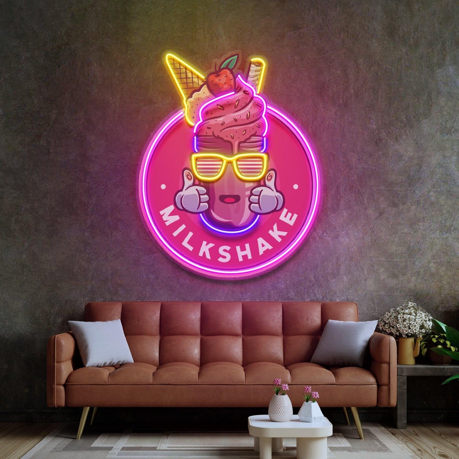 Milkshake Badge Pink Yellow Uv Printed Led Neon Sign For Dessert Shop Decor | Shineneon