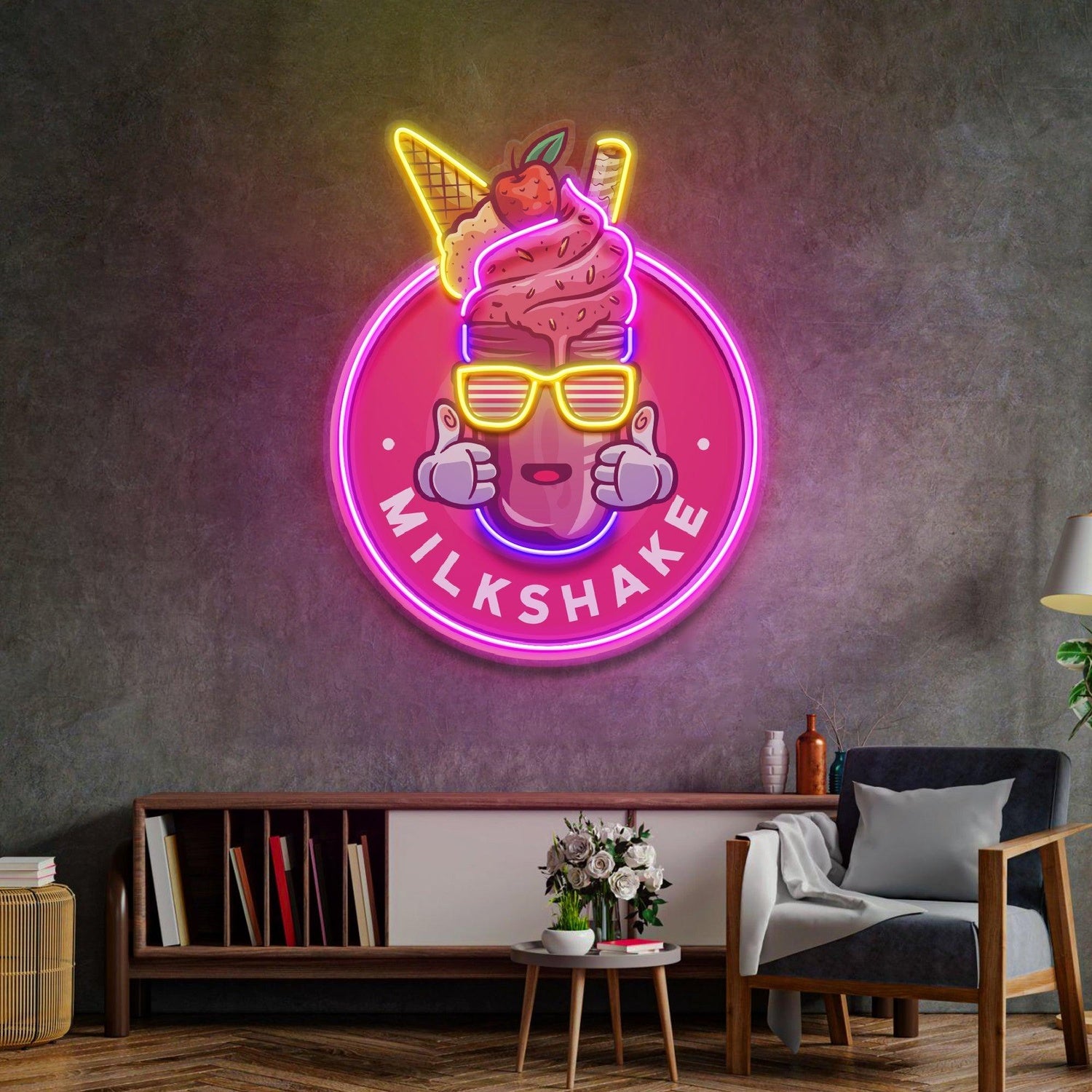 Milkshake Badge Pink Yellow Uv Printed Led Neon Sign For Dessert Shop Decor | Shineneon