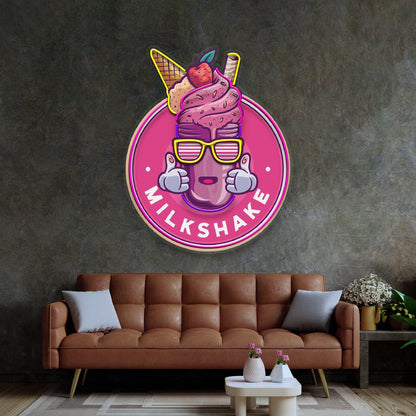 Milkshake Badge Pink Yellow Uv Printed Led Neon Sign For Dessert Shop Decor | Shineneon