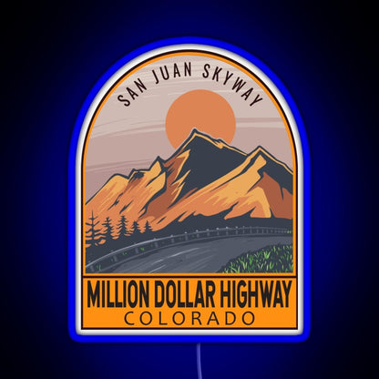Million Dollar Highway Colorado Retro Travel Emblem Rgb Neon Sign - Neon sign mounted on wall in room