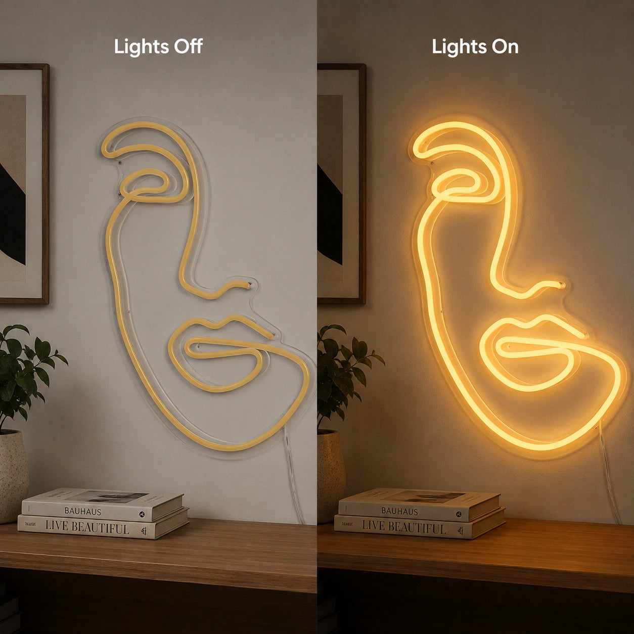 Minimal Face Line Neon Sign LED Neon Sign day and night comparison