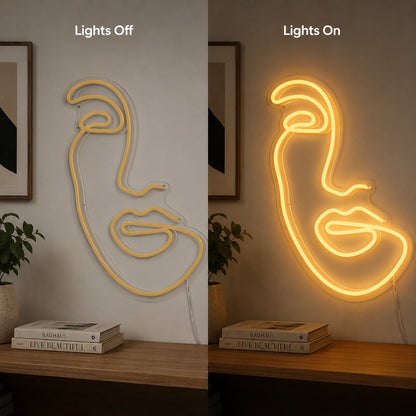 Minimal Face Line Neon Sign LED Neon Sign day and night comparison