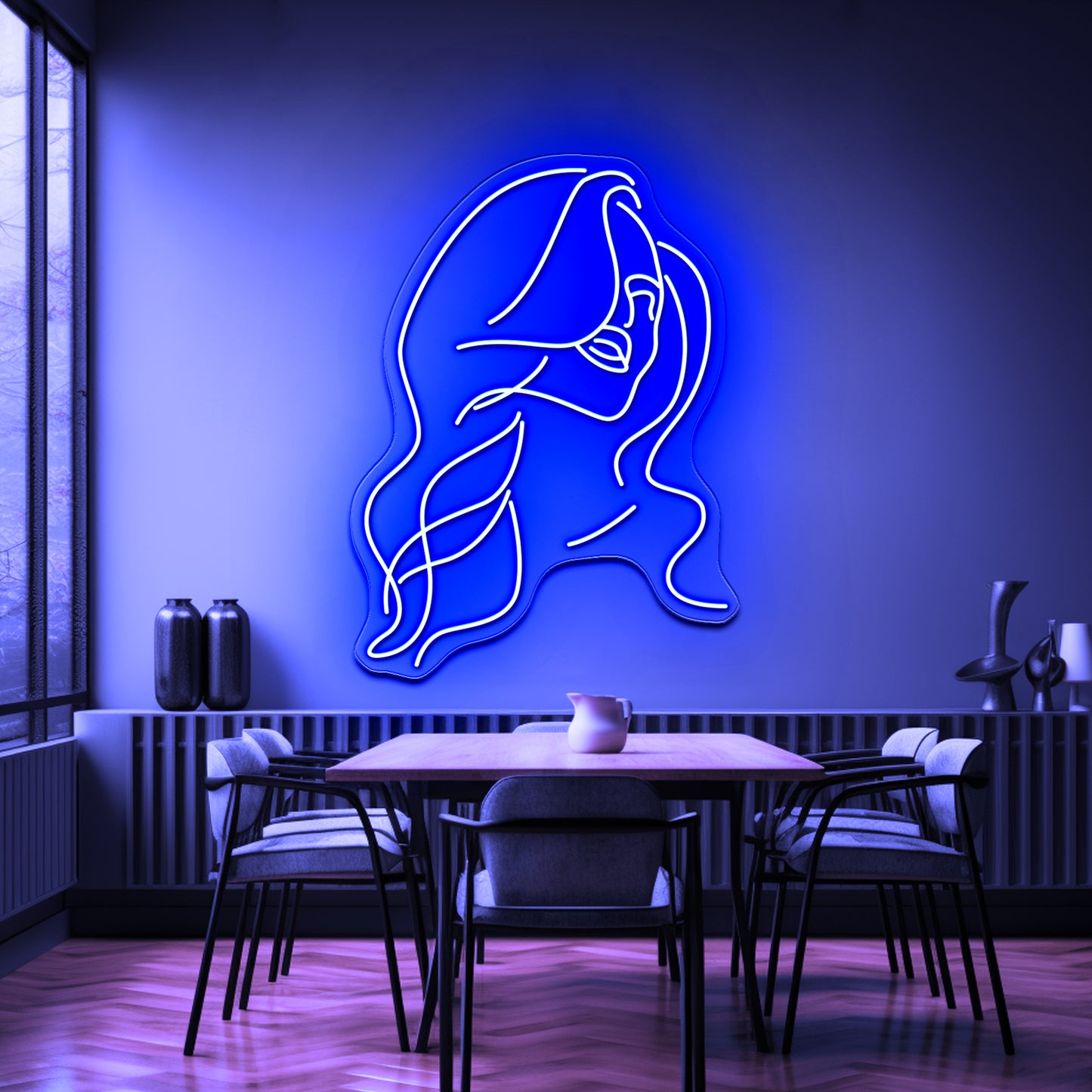 Minimal Line Art Woman With Flowers Art Print Wall Artwork Neon Signs