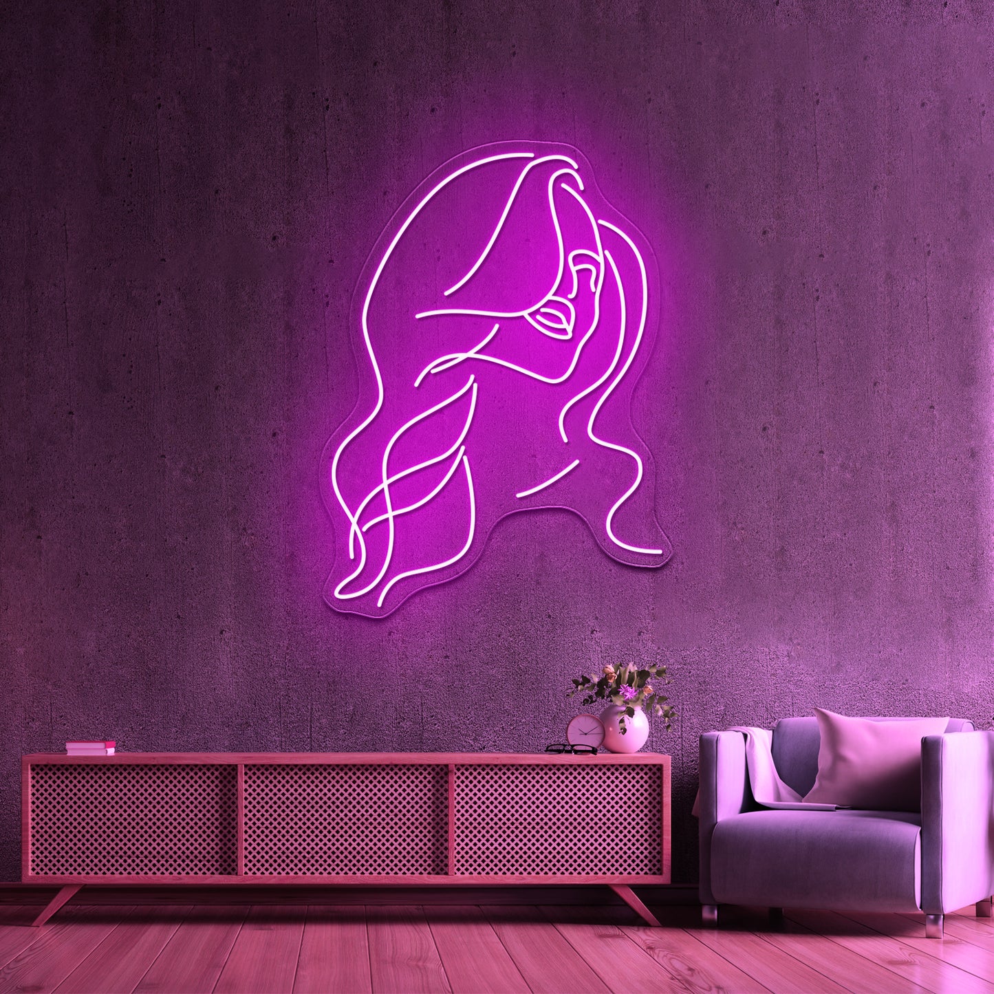 Minimal Line Art Woman With Flowers Art Print Wall Artwork Neon Signs