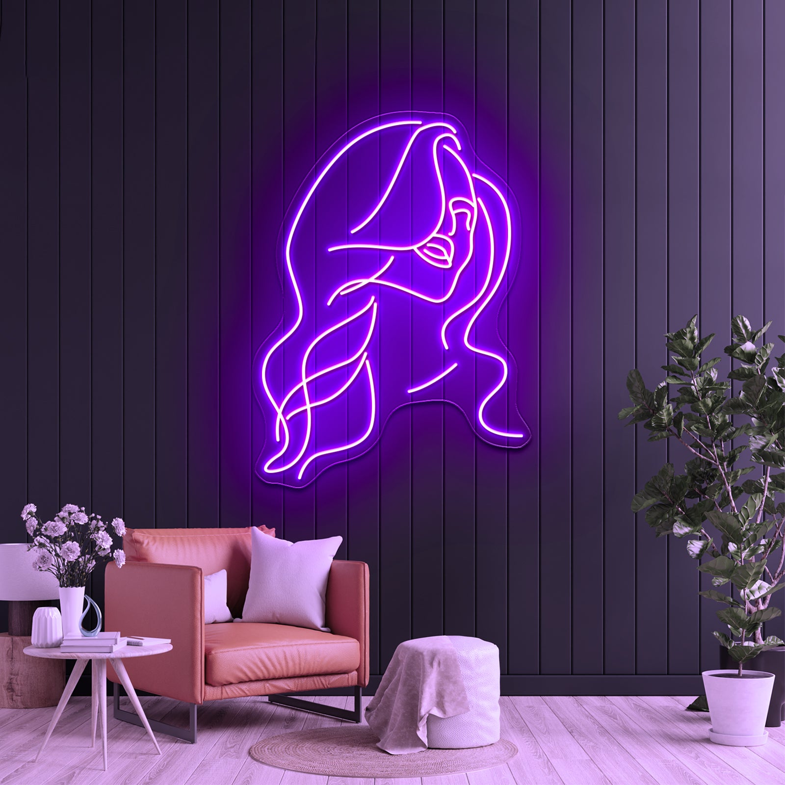 Minimal Line Art Woman With Flowers Art Print Wall Artwork Neon Signs | Shineneon