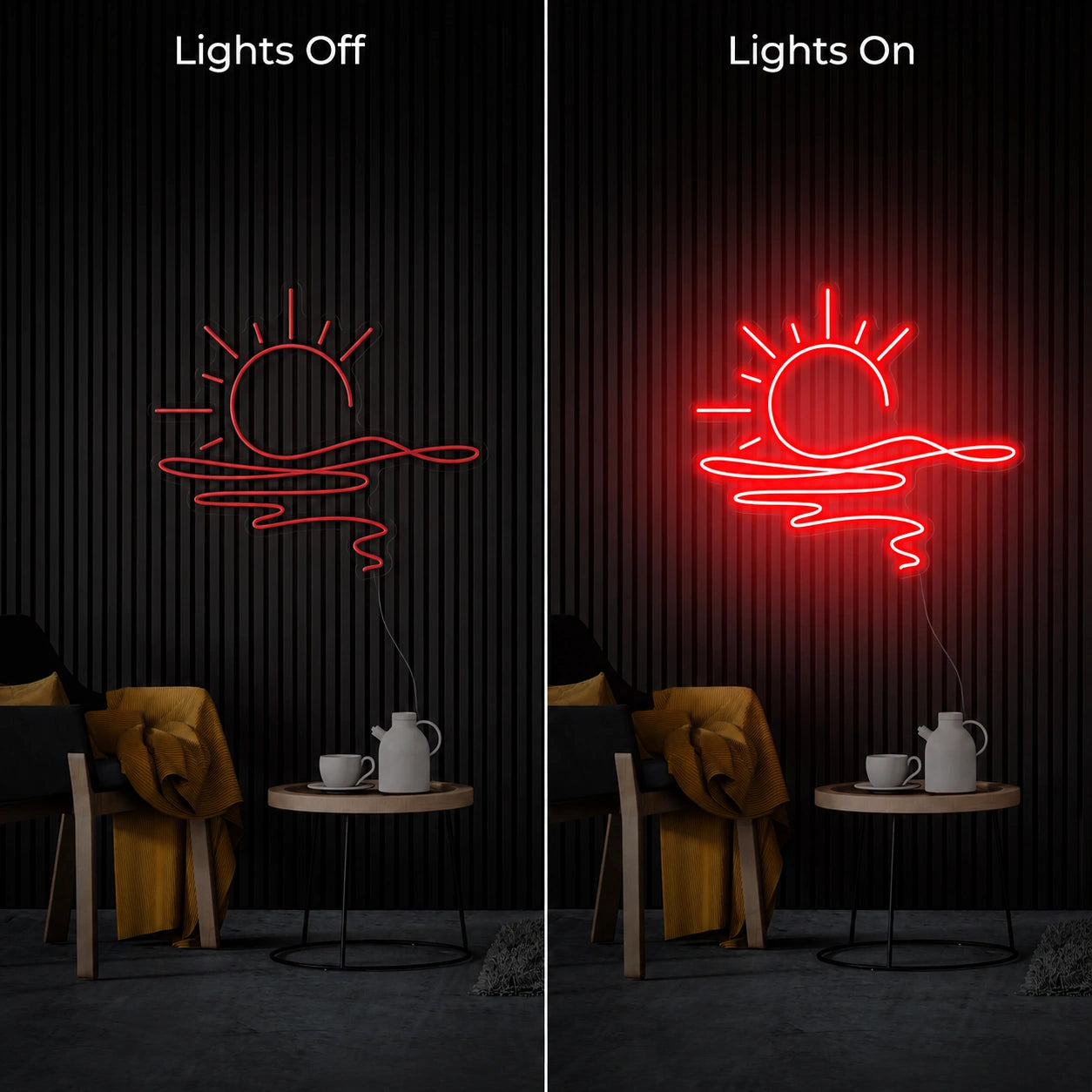 Minimal Sunset Wall Neon Sign LED Neon Sign day and night comparison