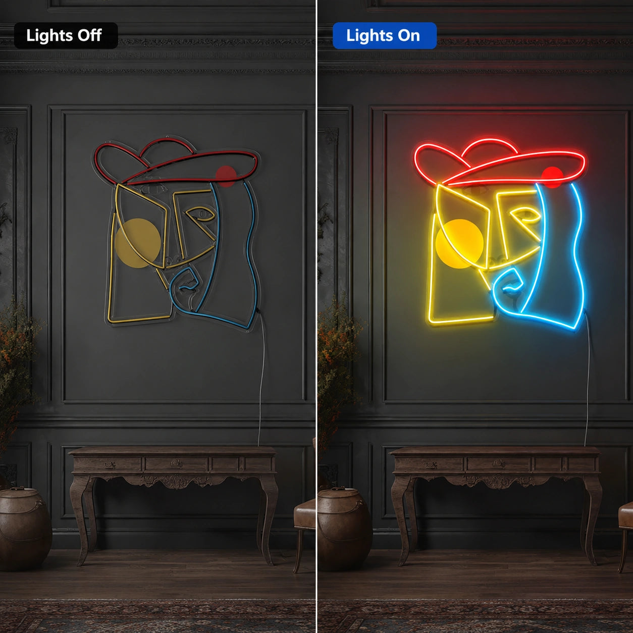 Modern Abstract Face Neon Sign LED Neon Sign day and night comparison