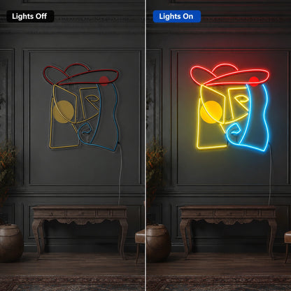Modern Abstract Face Neon Sign LED Neon Sign day and night comparison