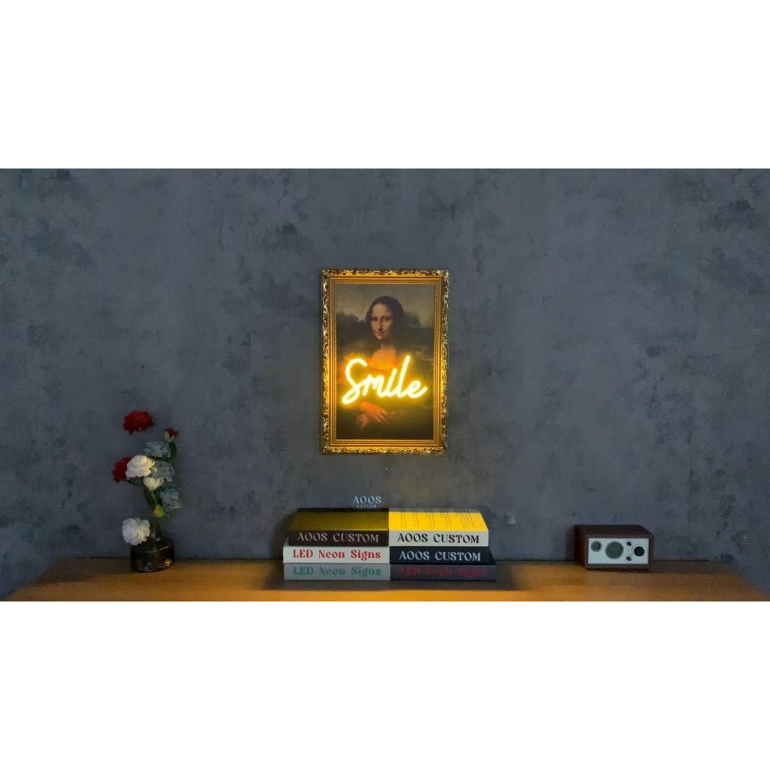 Mona Lisas Smile Neon Sign Mounted On The Screen Printed Oil Painting Backplane Led Business Sign - Shineneon