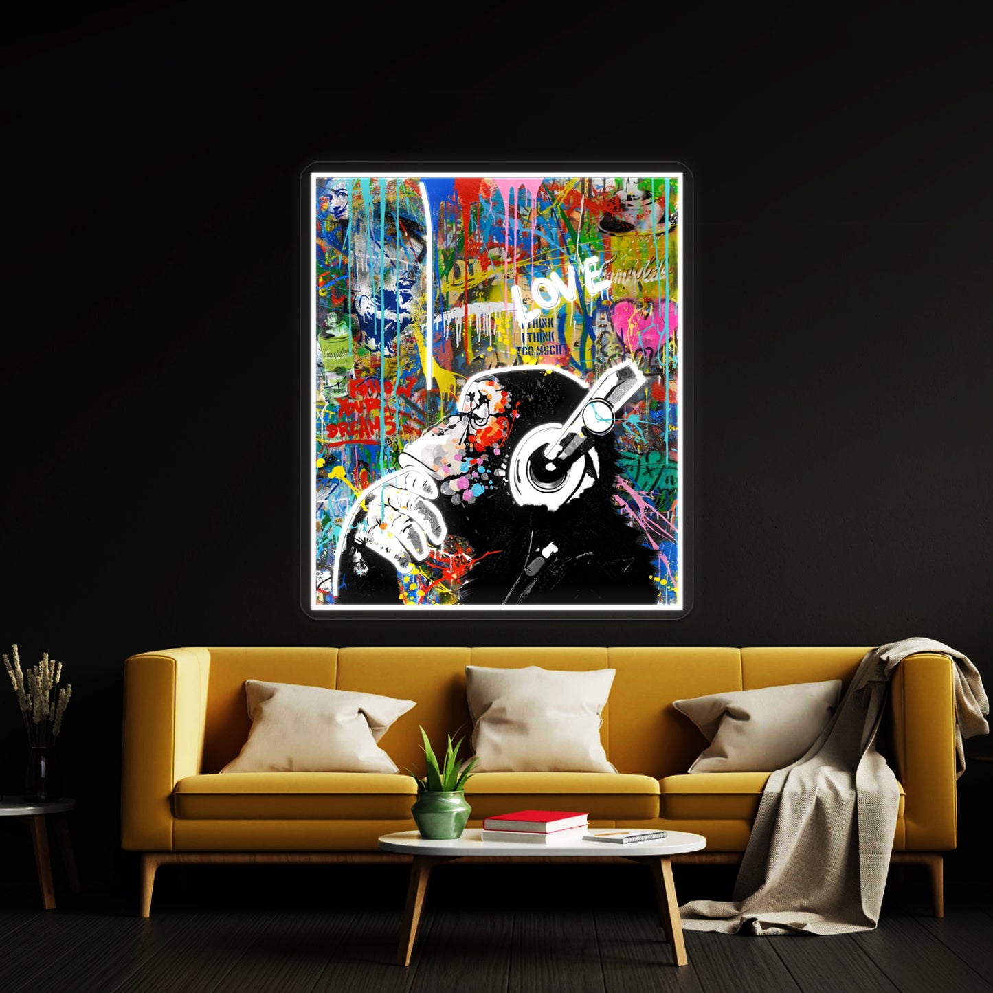 Monkey Thinker Banksy Urban Pop Colorful Artwork Neon Wall Signs