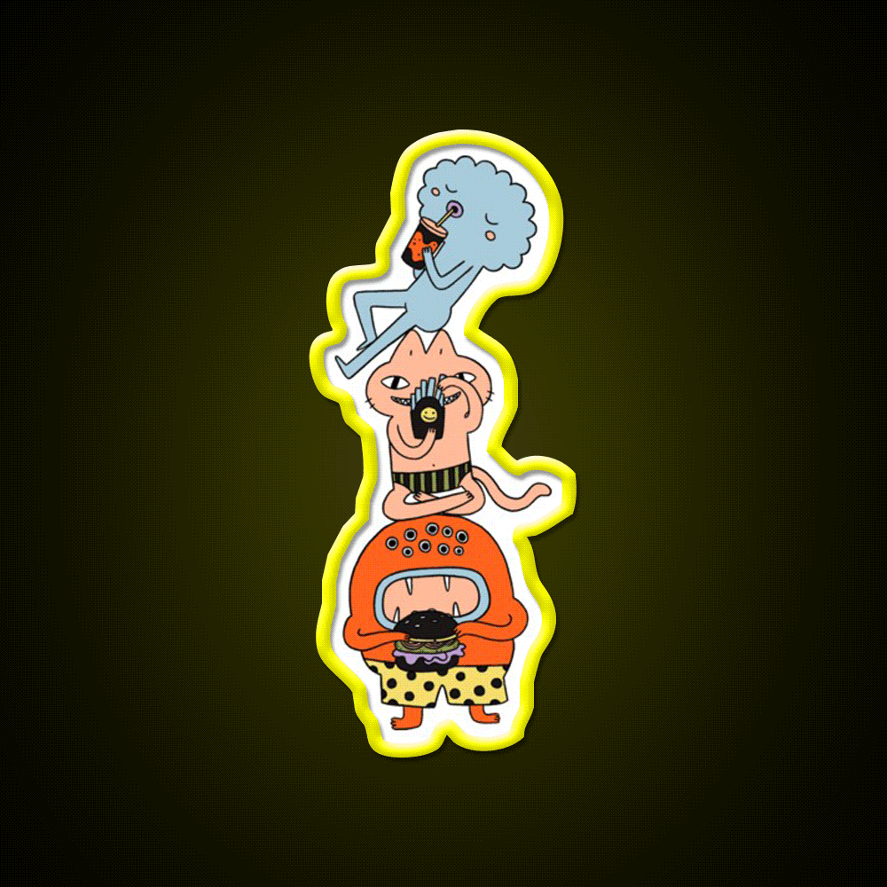 Monster Trio Doodle Coloured Fast Food Led Neon Sign For Burger Place Rgb Color