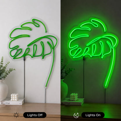 Monstera Leaf Neon Sign LED Neon Sign day and night comparison