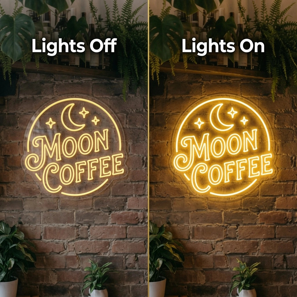 Moon Coffee LED Neon Sign - 06 Day Night Comparison
