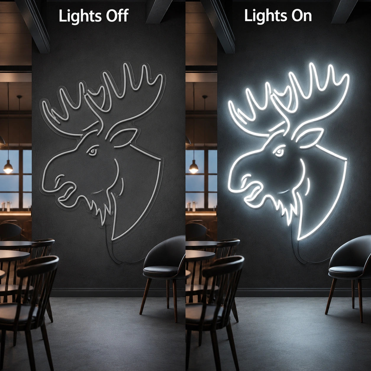Moose Lodge Neon Sign LED Neon Sign day and night comparison