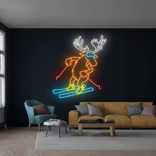 Moose Skiing Neon Sign