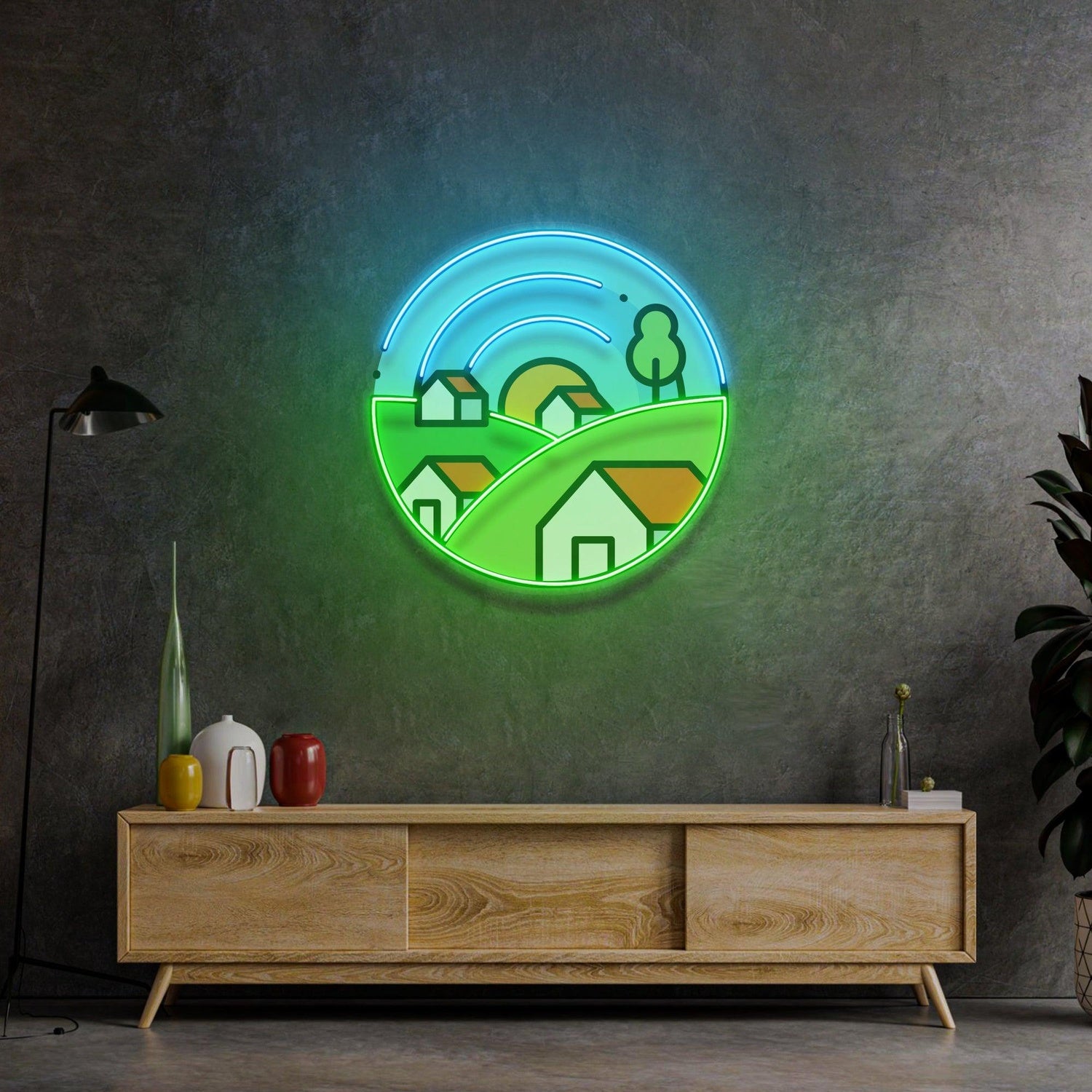 Morning On Grassy Village Uv Printed Led Neon Sign Indoor Wall Art | Shineneon