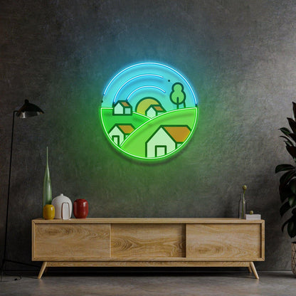 Morning On Grassy Village Uv Printed Led Neon Sign Indoor Wall Art | Shineneon