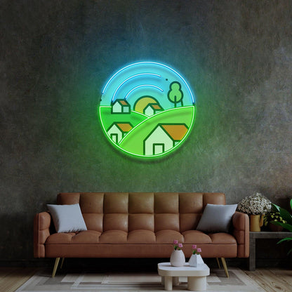 Morning On Grassy Village Uv Printed Led Neon Sign Indoor Wall Art | Shineneon