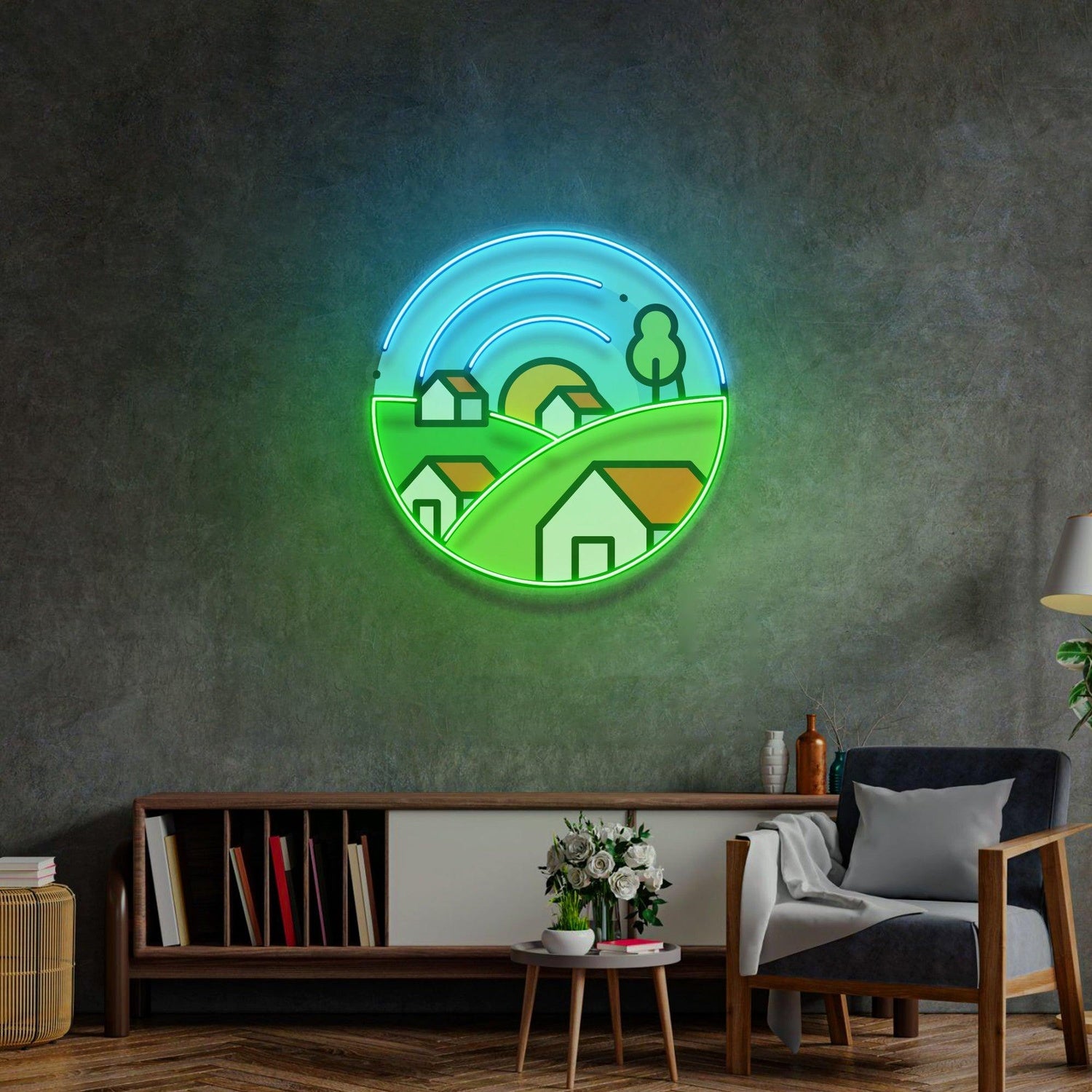 Morning On Grassy Village Uv Printed Led Neon Sign Indoor Wall Art | Shineneon