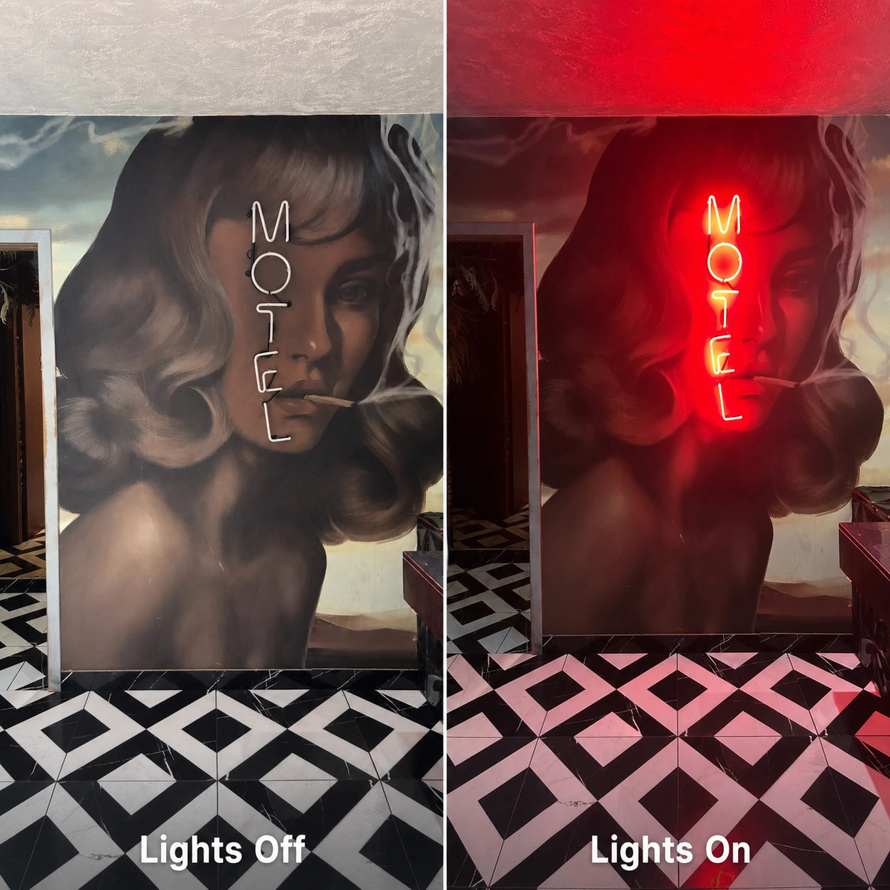 Motel Wall Decor LED Neon Sign Man Cave Neon Sign day and night comparison