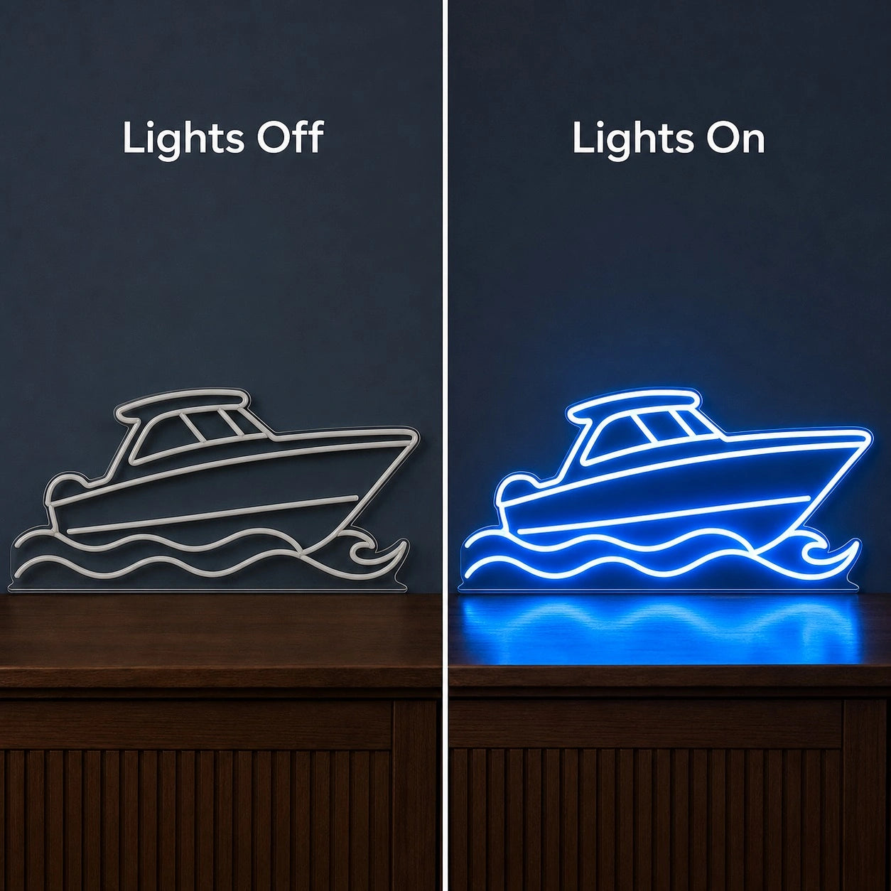 Motorboat On Waves LED Neon Sign day and night comparison