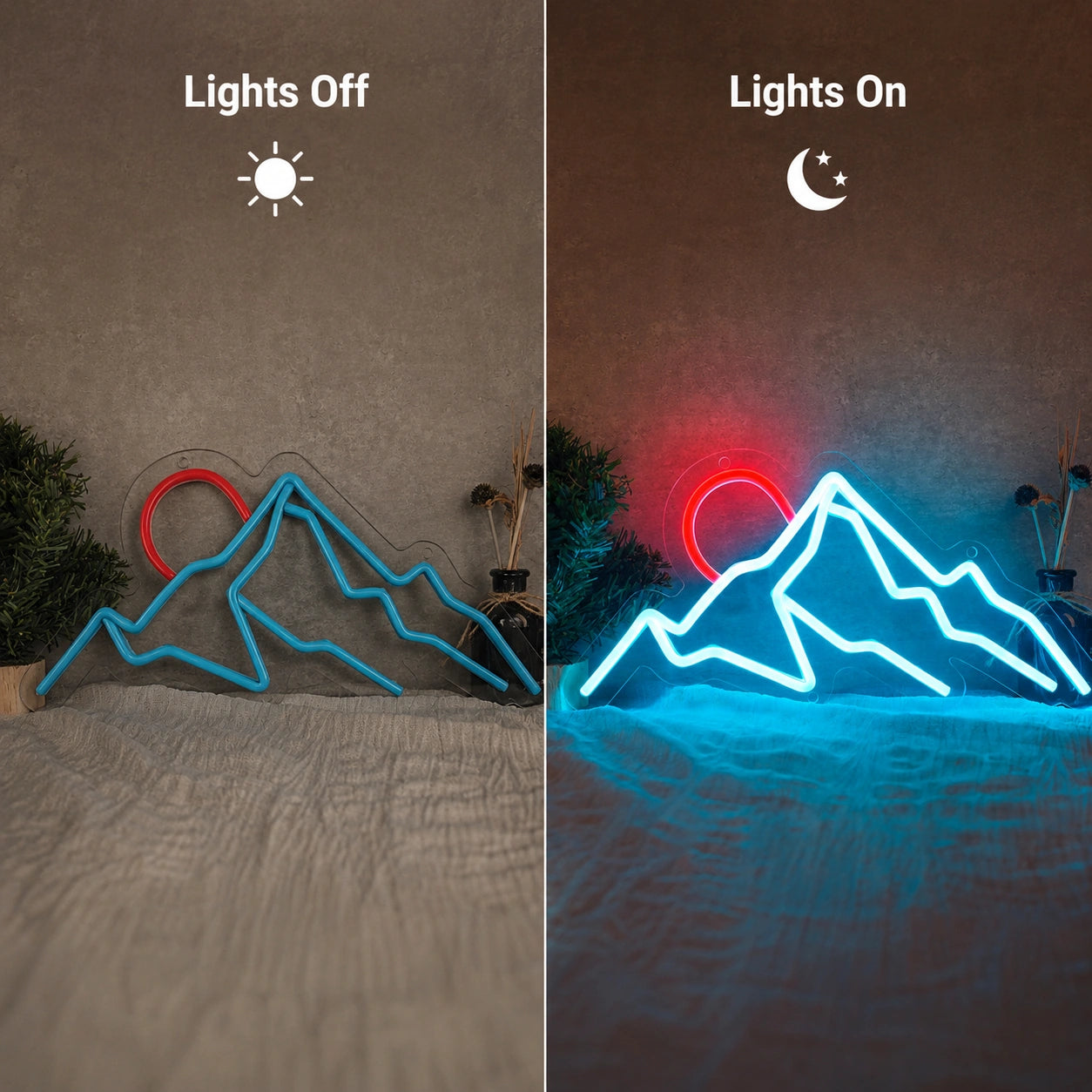 Mountain Lake Wall Neon Sign LED Neon Sign day and night comparison