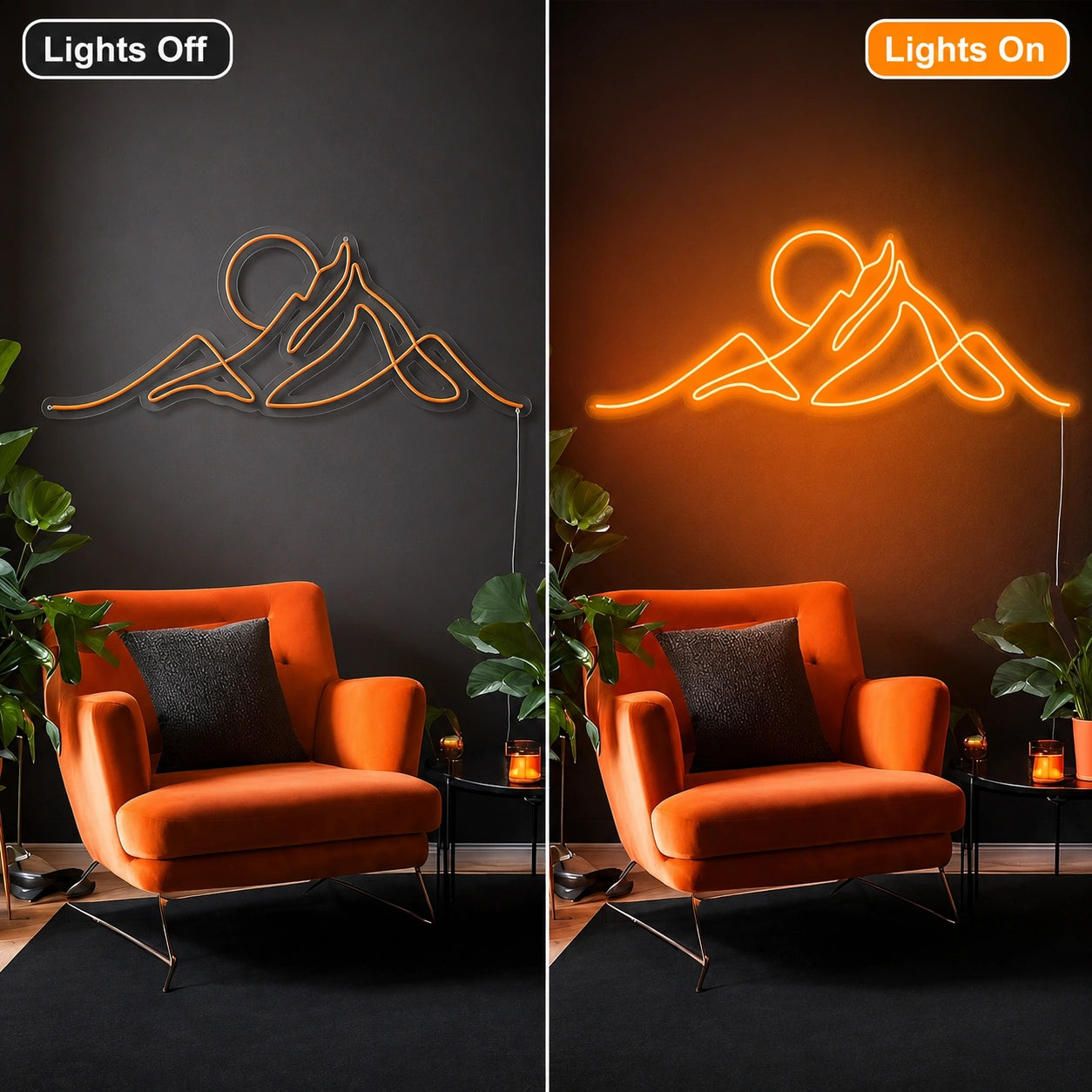 Mountain Lounge Line Neon Sign LED Neon Sign day and night comparison