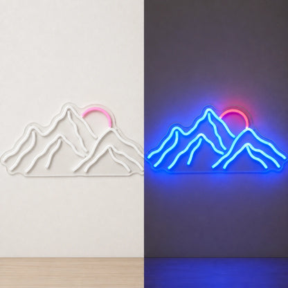 Mountain Range Rising Sun Vintage LED Neon Sign day and night comparison