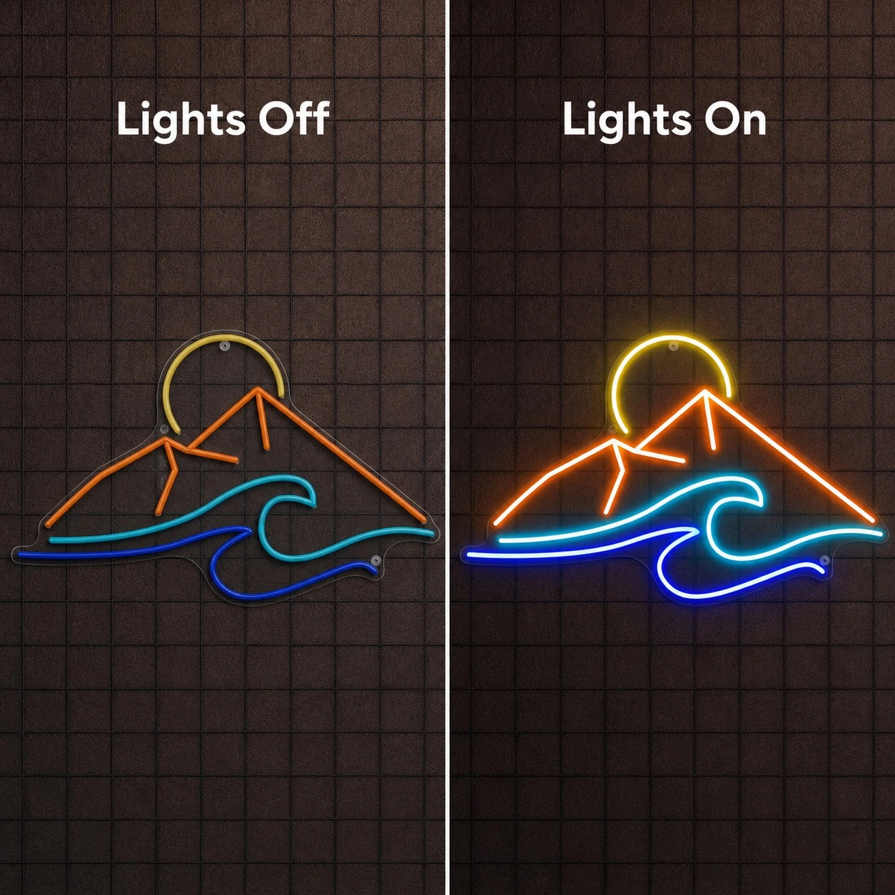 Mountain Sunrise And Ocean Wave LED Neon Sign day and night comparison