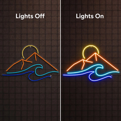 Mountain Sunrise And Ocean Wave LED Neon Sign day and night comparison