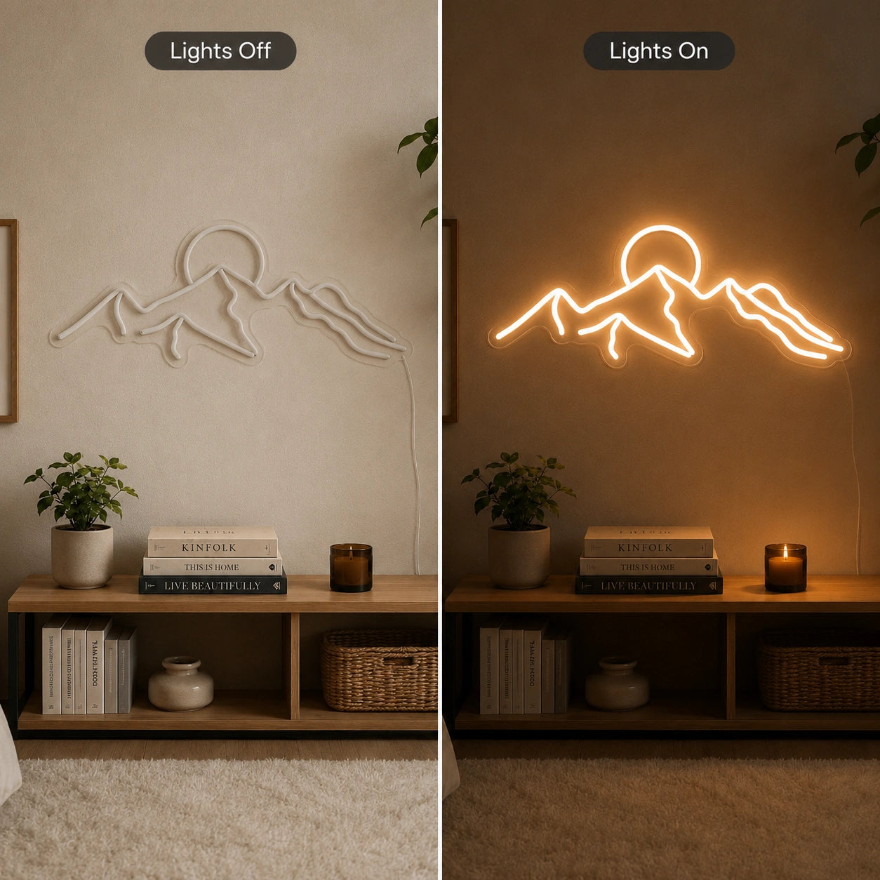 Mountain Sunrise Wall Neon Sign LED Neon Sign day and night comparison
